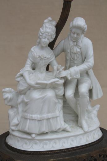 photo of ornate vintage pure white porcelain french couple figurine table lamps pair #4