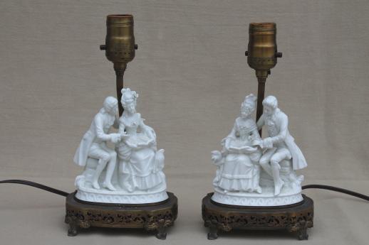 photo of ornate vintage pure white porcelain french couple figurine table lamps pair #5