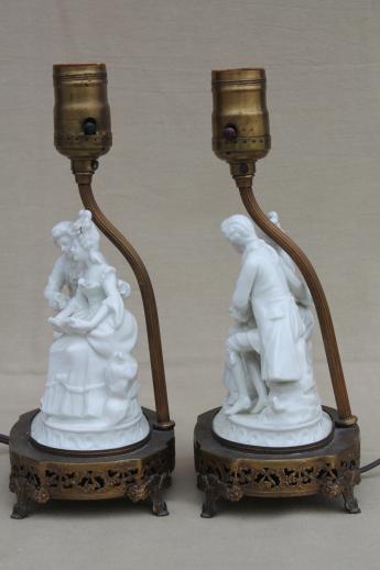 photo of ornate vintage pure white porcelain french couple figurine table lamps pair #6