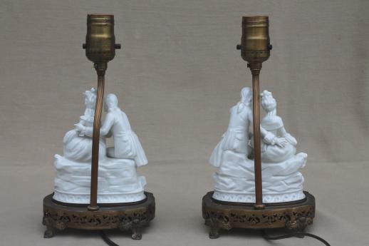 photo of ornate vintage pure white porcelain french couple figurine table lamps pair #7