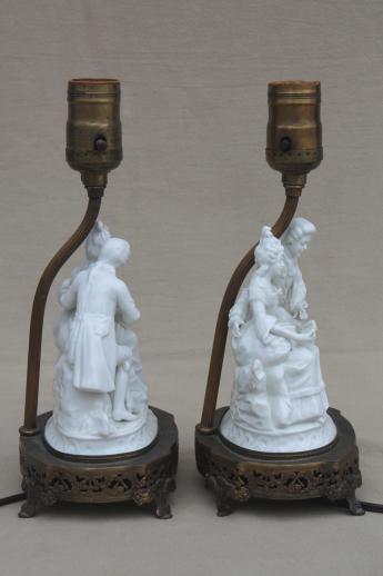 photo of ornate vintage pure white porcelain french couple figurine table lamps pair #8