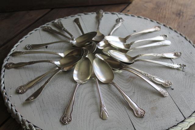 photo of ornate vintage silver plate fruit spoons & teaspoons, mismatched silverware lot #1