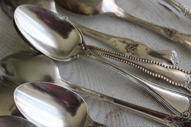 photo of ornate vintage silver plate fruit spoons & teaspoons, mismatched silverware lot #4