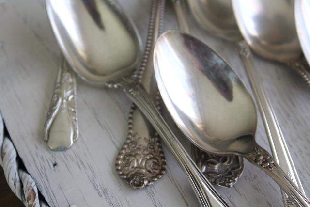 photo of ornate vintage silver plate fruit spoons & teaspoons, mismatched silverware lot #7