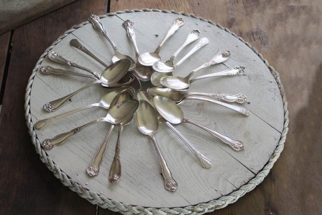 photo of ornate vintage silver plate fruit spoons & teaspoons, mismatched silverware lot #9