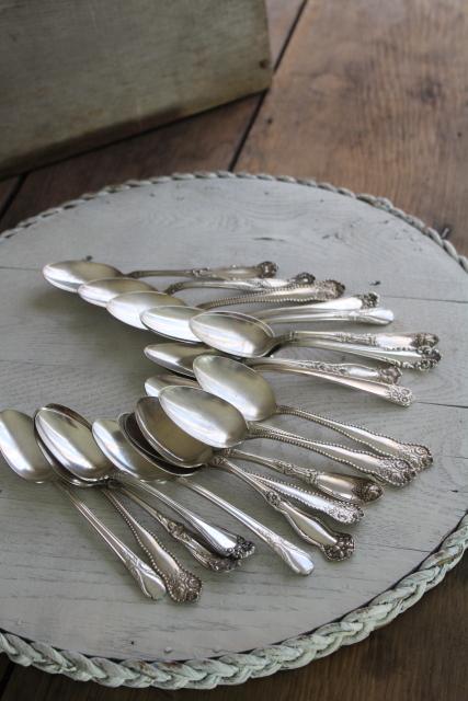 photo of ornate vintage silver plate fruit spoons & teaspoons, mismatched silverware lot #10