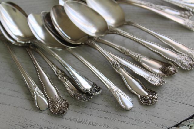 photo of ornate vintage silver plate fruit spoons & teaspoons, mismatched silverware lot #11