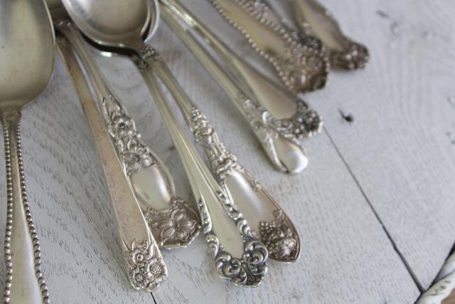 photo of ornate vintage silver plate fruit spoons & teaspoons, mismatched silverware lot #12