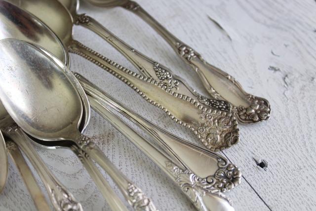 photo of ornate vintage silver plate fruit spoons & teaspoons, mismatched silverware lot #13