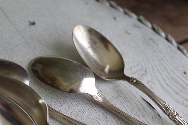 photo of ornate vintage silver plate fruit spoons & teaspoons, mismatched silverware lot #14