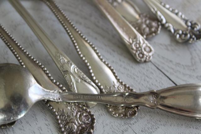 photo of ornate vintage silver plate fruit spoons & teaspoons, mismatched silverware lot #16