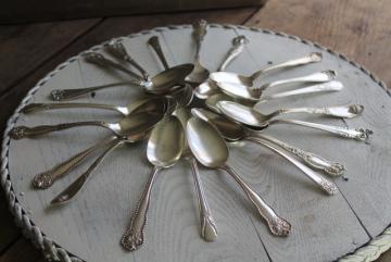 catalog photo of ornate vintage silver plate fruit spoons & teaspoons, mismatched silverware lot