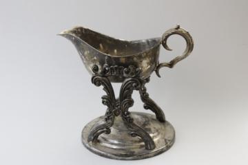 catalog photo of ornate vintage silver plated sauce dish, tilting pitcher w/ stand, tilt gravy boat