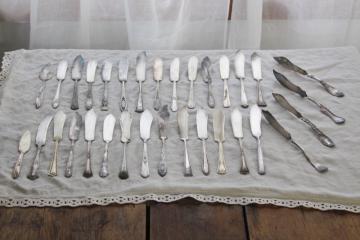 catalog photo of ornate vintage silverware, fancy butter knives 30+ pieces mismatched silver plate flatware