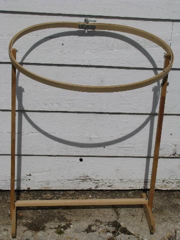 photo of oval wood quilting frame, needlework embroidery hoop on stand #1