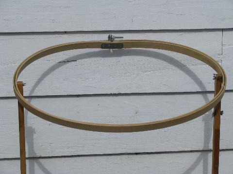 photo of oval wood quilting frame, needlework embroidery hoop on stand #2