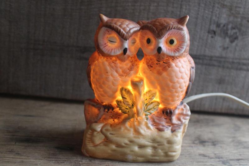 photo of owl ceramic night light lamp, bisque china owls made in Taiwan 70s 80s vintage #1