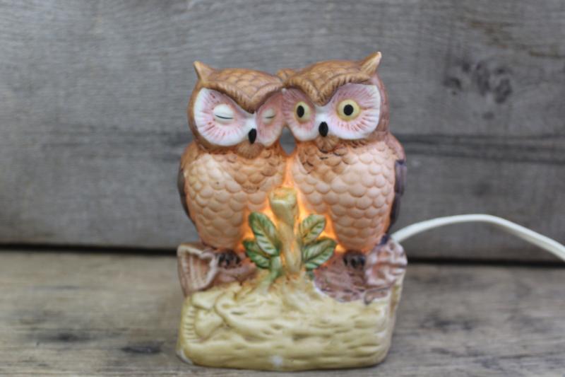 photo of owl ceramic night light lamp, bisque china owls made in Taiwan 70s 80s vintage #2