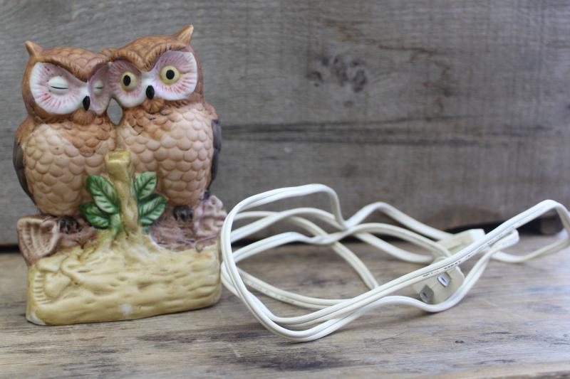 photo of owl ceramic night light lamp, bisque china owls made in Taiwan 70s 80s vintage #3