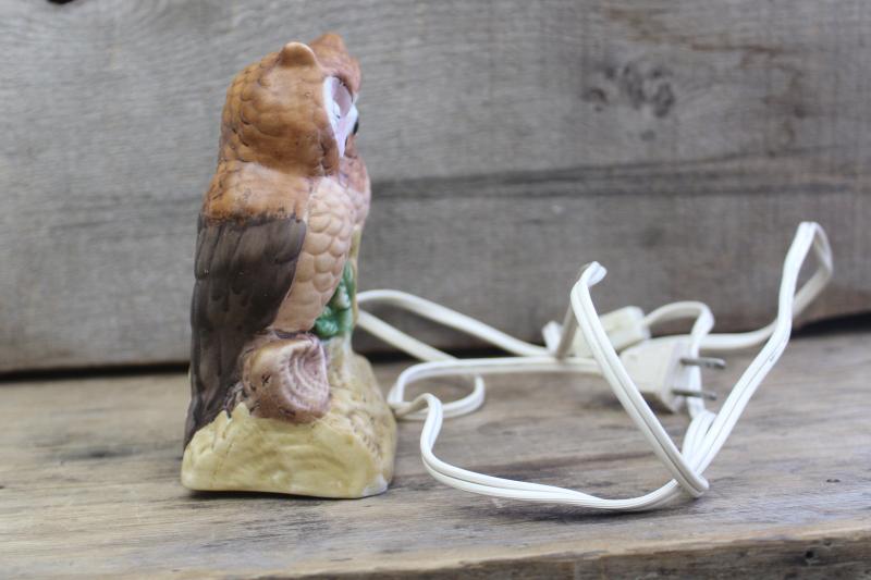 photo of owl ceramic night light lamp, bisque china owls made in Taiwan 70s 80s vintage #4