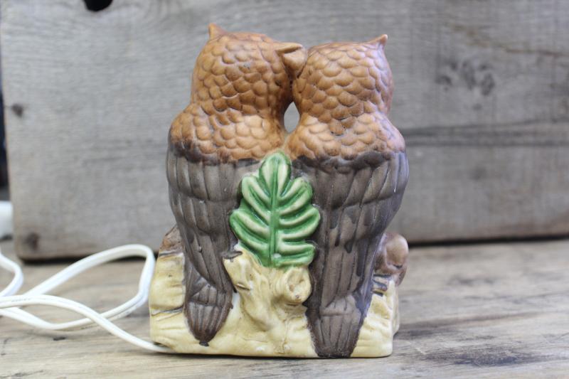 photo of owl ceramic night light lamp, bisque china owls made in Taiwan 70s 80s vintage #5