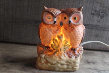 catalog photo of owl ceramic night light lamp, bisque china owls made in Taiwan 70s 80s vintage