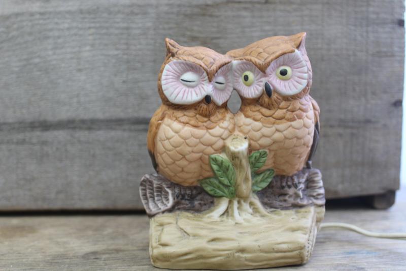 photo of owl ceramic night light lamp, bisque china owls made in Taiwan 70s 80s vintage #1