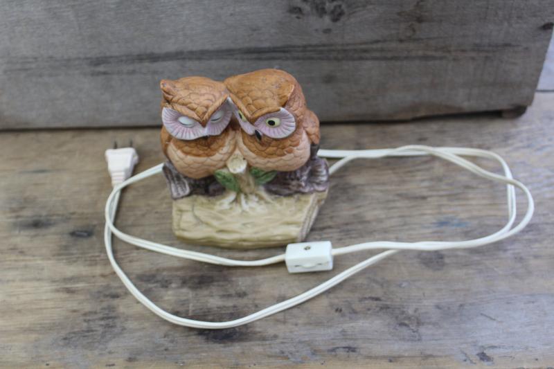 photo of owl ceramic night light lamp, bisque china owls made in Taiwan 70s 80s vintage #4