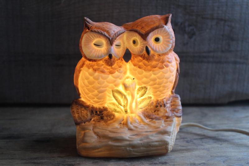 photo of owl ceramic night light lamp, bisque china owls made in Taiwan 70s 80s vintage #7