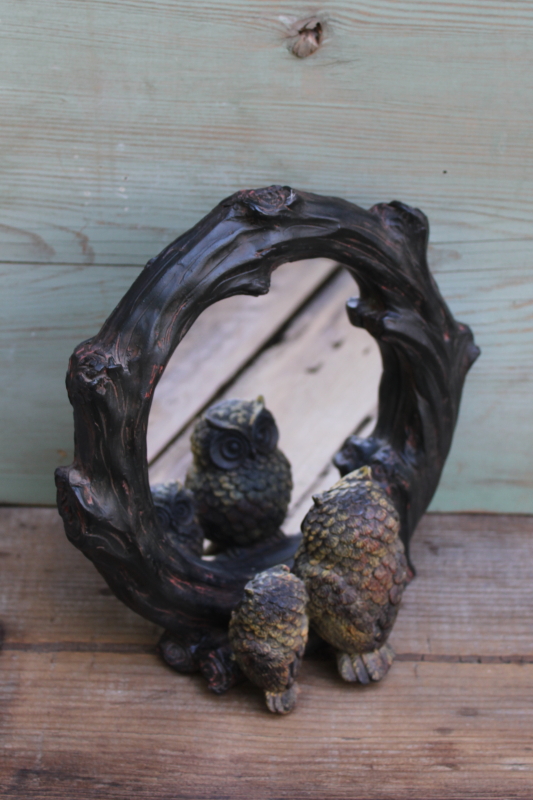 photo of owls on branch carved log look resin frame w/ glass mirror, small standing mirror owls looking into the glass #1