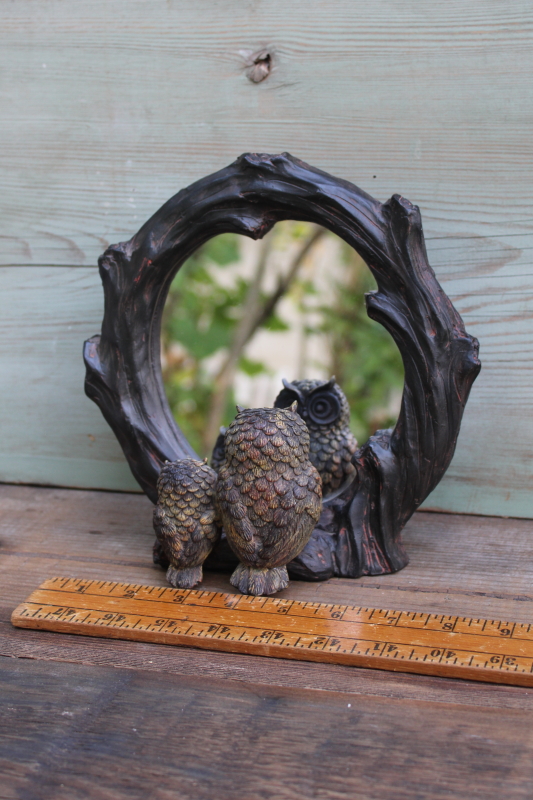photo of owls on branch carved log look resin frame w/ glass mirror, small standing mirror owls looking into the glass  #7