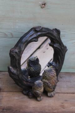 catalog photo of owls on branch carved log look resin frame w/ glass mirror, small standing mirror owls looking into the glass 