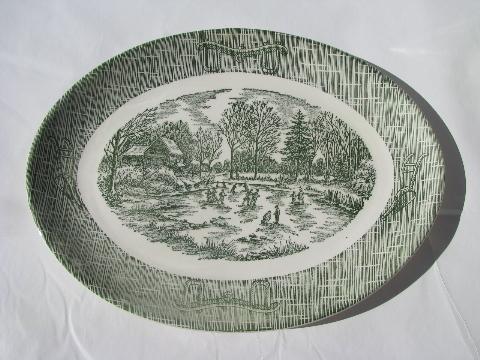 photo of ox-bow oval platter, vintage green & white Currier & Ives scene china #1