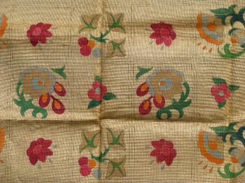 photo of painted album quilt blocks vintage hessian burlap hooked rug canvas to hook w/ yarn or wool #3