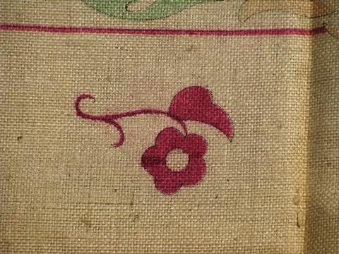 photo of painted floral vintage hessian burlap hooked rug canvas to hook w/ yarn or wool #3