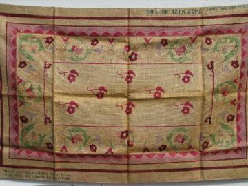 catalog photo of painted floral vintage hessian burlap hooked rug canvas to hook w/ yarn or wool