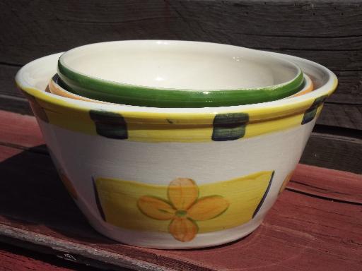 photo of painted flowers nesting mixing bowls, vintage French or Portugal pottery #4