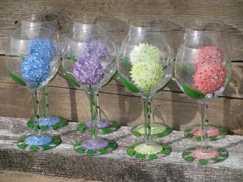 photo of painted flowers pink, blue, ivory, lavender floral wine glasses set #1