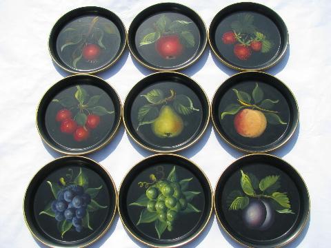 photo of painted fruit on black tole metal trays, vintage cocktail tray lot of 24 #1