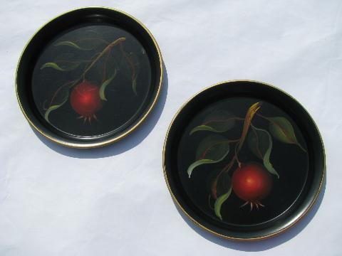 photo of painted fruit on black tole metal trays, vintage cocktail tray lot of 24 #2