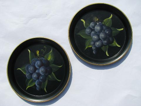 photo of painted fruit on black tole metal trays, vintage cocktail tray lot of 24 #5