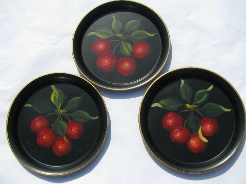 photo of painted fruit on black tole metal trays, vintage cocktail tray lot of 24 #6