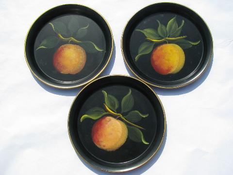 photo of painted fruit on black tole metal trays, vintage cocktail tray lot of 24 #7