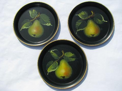 photo of painted fruit on black tole metal trays, vintage cocktail tray lot of 24 #8