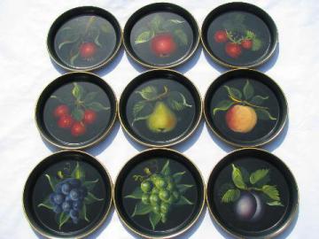 catalog photo of painted fruit on black tole metal trays, vintage cocktail tray lot of 24