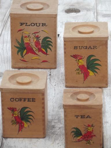 photo of painted roosters wood canisters, shabby country vintage kitchen canister set  #3