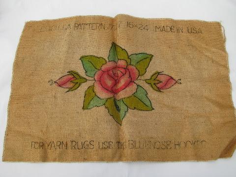 photo of painted rose vintage hessian burlap hooked rug mat canvas to hook w/ yarn or wool #1