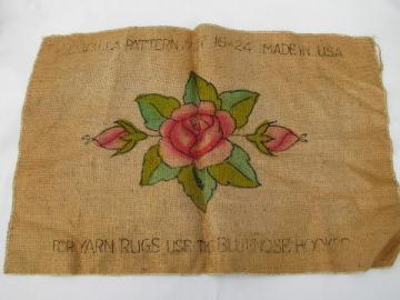 catalog photo of painted rose vintage hessian burlap hooked rug mat canvas to hook w/ yarn or wool