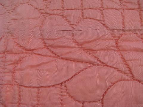 photo of pair 1930s vintage hand-stitched rose taffeta quilt comforters, wool filled #4