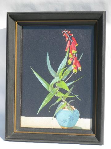 photo of pair 1950s vintage wood framed prints, deco tropical flowers on black #2